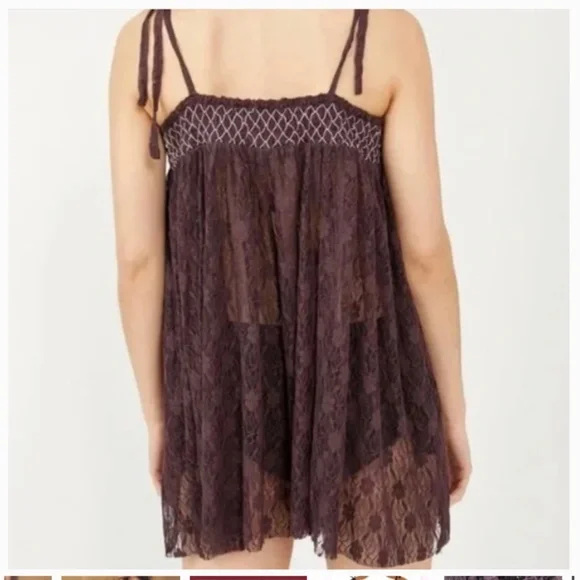 Free people Intimately Plum Wine Button Lace Embroidered Romper Sheer Slip XS - Picture 3 of 9